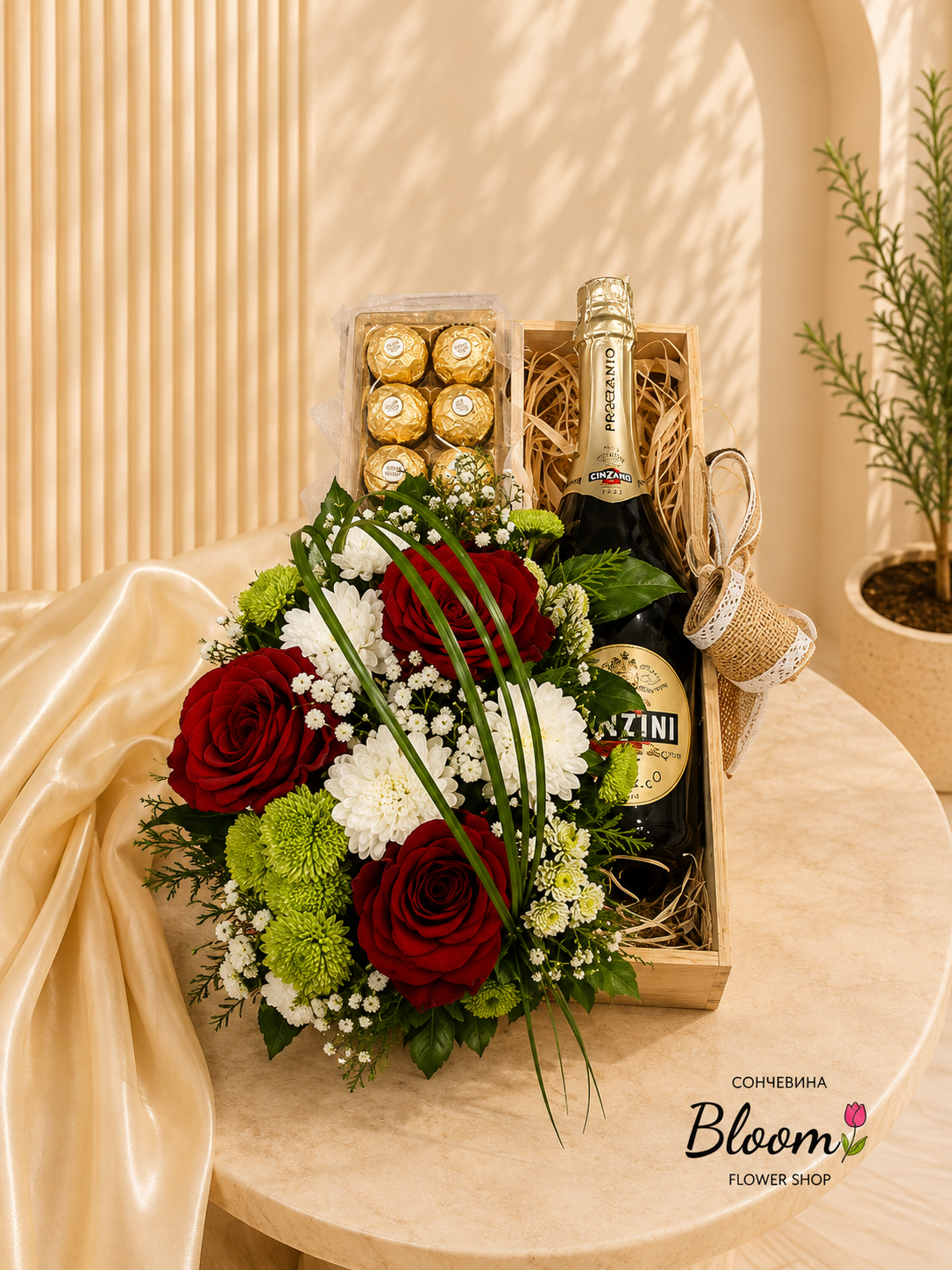 Wooden box with prosecco and candies