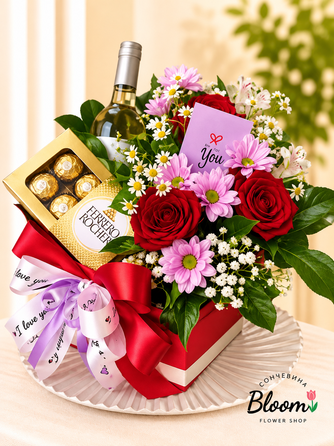 A floral arrangement with sweets and wine